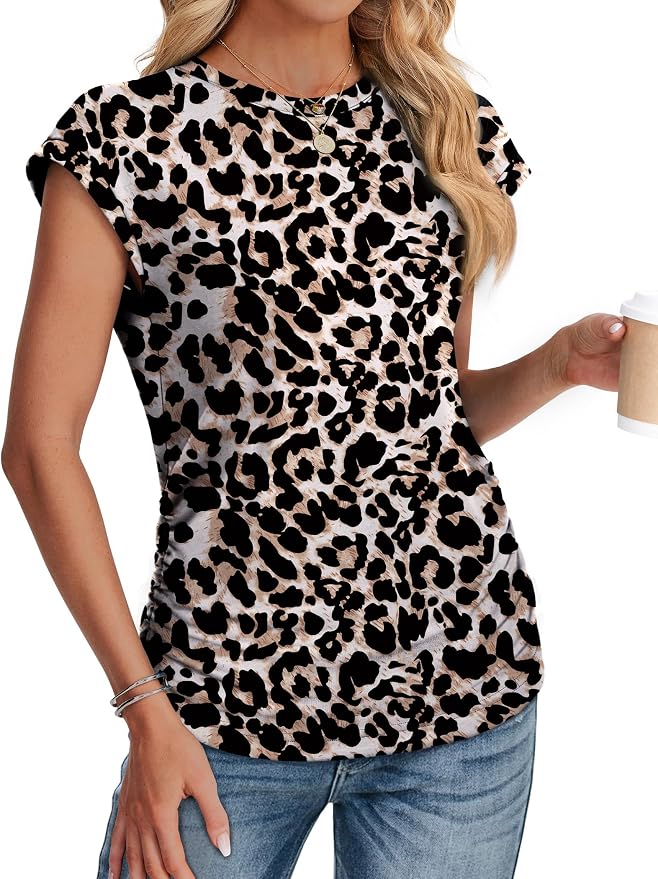 Sampeel Womens Summer Tops Trendy 2026 Ruched Cap Short Sleeve Tshirts Shirts Crew Neck T Shirts Fashion