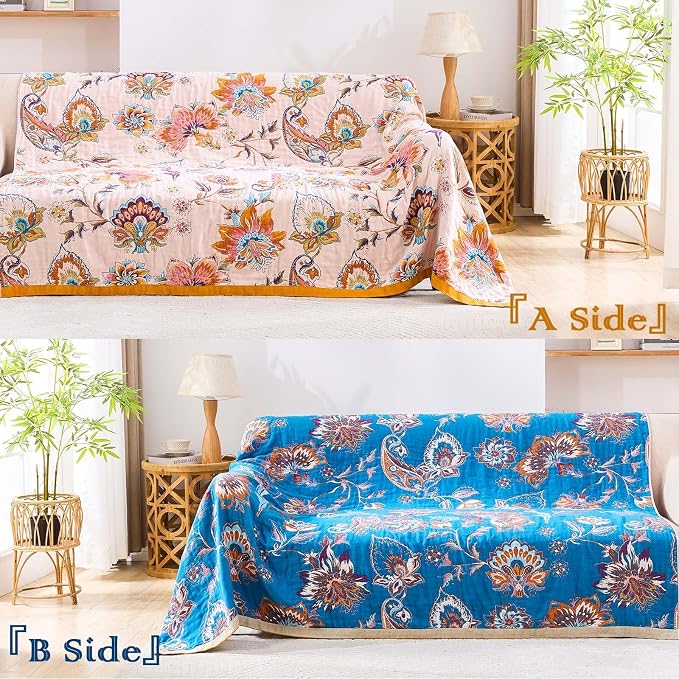 XIBLC Boho Throw Blanket for Bed, 100% Cotton Soft Rustic Quilt Fall Blanket, 80"x90" Floral Printed Farmhouse Decor Bed Blankets, All Season Rustic Reversible Bohemian Throw Quilt