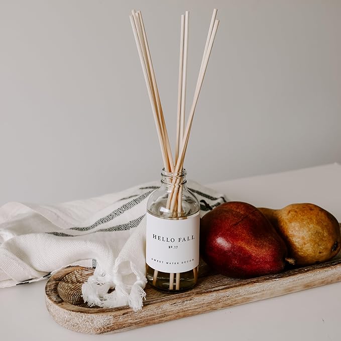 Sweet Water Decor Hello Fall Reed Diffuser Set - Hot Cider, Cinnamon, Cloves, Apple, and Nutmeg Scented Diffuser - Scent Diffusers for Home, Long Lasting Fragrance, Made in the USA