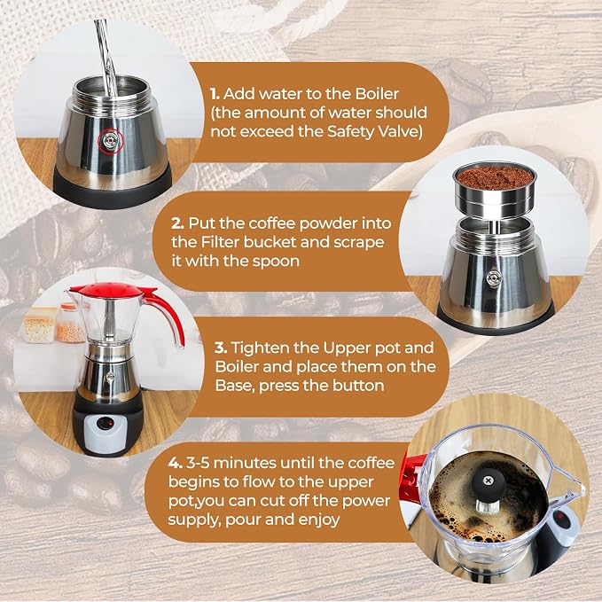 Electric Plastic Clear Moka Pot 3-6 Cup 150-300ml Mocha Pot | Stainless Steel Espresso Maker with Detachable Base Ideal Coffee Maker for Home Italian and Cuban Café Coffeemaker Red