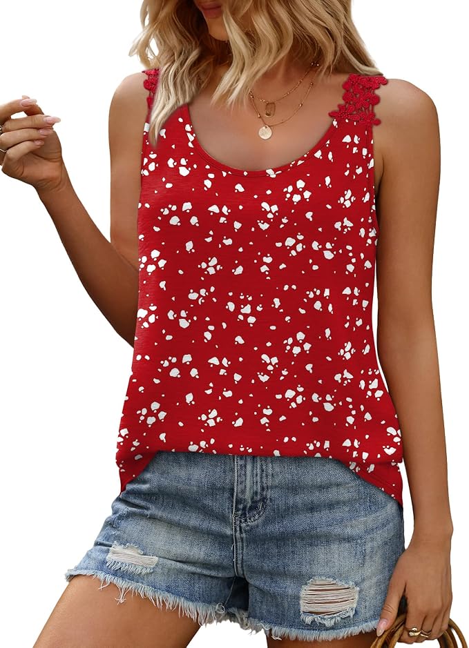 OFEEFAN Tank Top for Women Loose Fit Crew Neck Sleeveless Shirts Strap Lace Camisole Chiffon Summer Tops Curved Hem