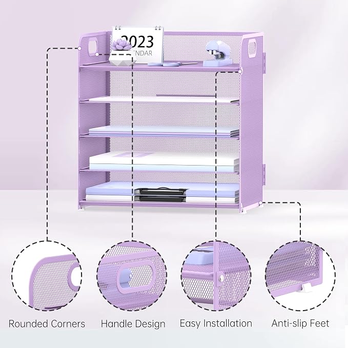 2 Pack 5-Tier Purple Desk Organizer with Handle Mesh Desk File/Paper Organizer Letter Tray for Office, School and Home Easy Installation Purple Office Supplies