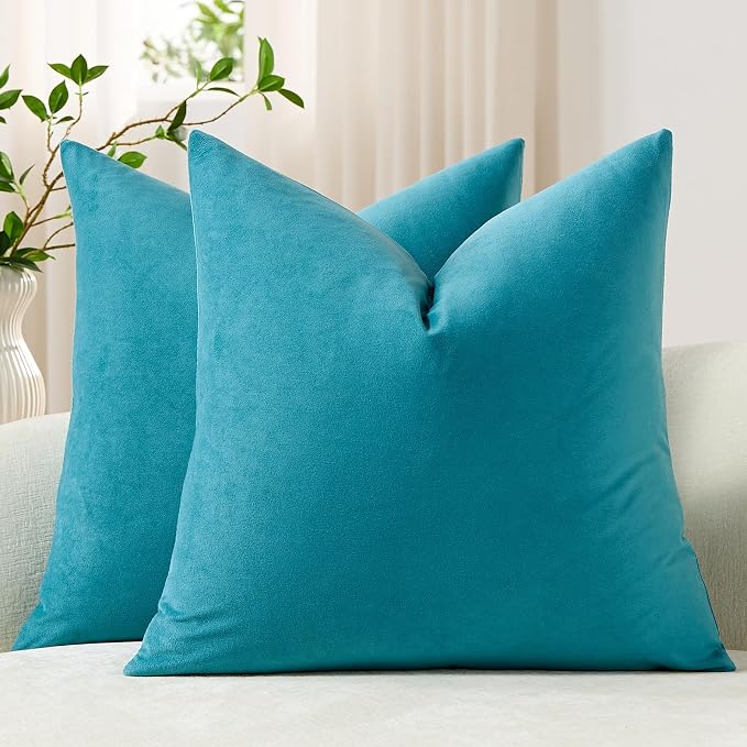 Throw Pillow Covers 20x20 Turquoise: Pack of 2 Cozy Soft Velvet Square Modern Luxury Decorative Throw Pillow Cases for Sofa Couch Living Room Bed Home Decor