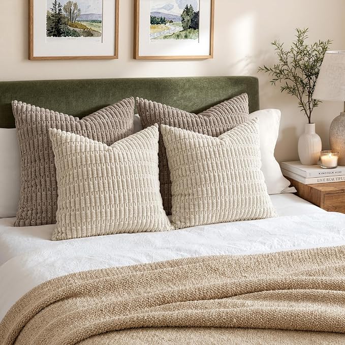 MIULEE Pack of 2 Corduroy Decorative Euro Sham Throw Pillow Covers 22x22 Inch Soft Boho Striped Pillow Covers Modern Farmhouse Home Decor for Sofa Living Room Couch Bed Cream White
