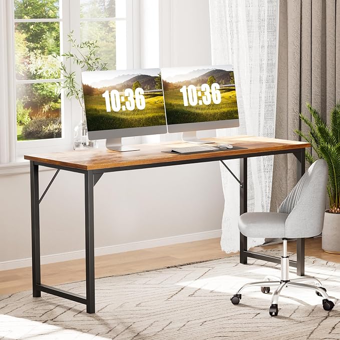 Sweetcrispy 47-Inch Small Computer Desk for Bedroom, Brown | Gaming Writing Work and Study Desk for Home Office, Sturdy Metal Frame and Compact Modern Design with X-Shaped