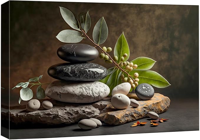 wall26 Canvas Print Wall Art Zen Massage Stone Pebble Bamboo Leaf Nature Wilderness Photography Realism Modern Art Decorative Multicolor Rustic Minimal Relax/Calm/Cozy Colorful for Bedroom - 12"x18"