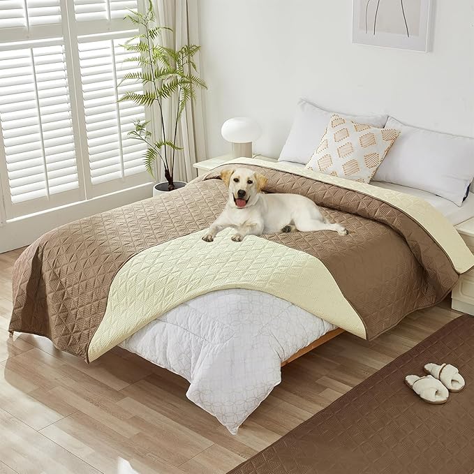 GIBZ Water Resistant Dog Bed Blanket Cover Large Anti Slip Pet Furniture Protector Washable Cat Quilted Mat for Couch, Khaki, 170x210cm