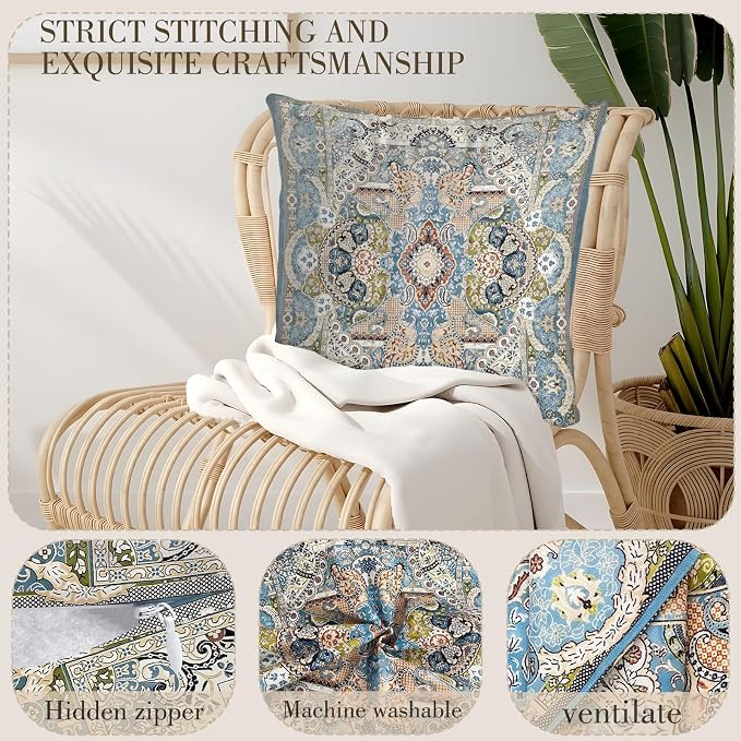 Boho Floral Throw Pillow Covers 16x16 inch Set of 2,Blue Boho Rug Geometric Floral Pattern Decor Double Sided Pattern Cushion Cover Soft Pillow Case Living Sofa Room Bed Square Pillow Cover