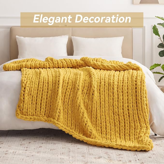 Negwoo Chunky Knit Throw Blanket, Knitted Throw Chenille Yarn, 80"*90" | Soft Thick Cable Knitted Blankets, Handmade Big Thick Blanket, Machine Washable Cute Comfy Blanket for Home Decor, Yellow