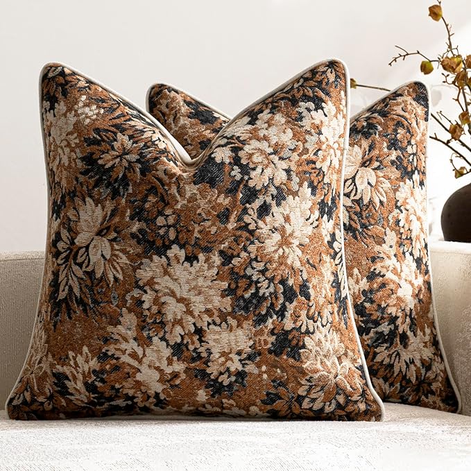 Pack of 2 Vintage Floral Euro Sham Covers 26x26 Boho Farmhouse Accents Chenille Square Decorative Throw Pillow Cases for Living Room Couch Bed Home Decor, Cognac