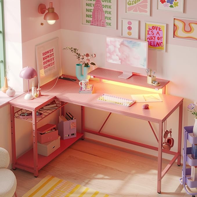 Bestier 52-Inch L-Shaped Gaming Desk with Charging & LED, Pink | Charging 3AC+2USB, RGB LED 20 Colors/22 Modes, Reversible Storage Shelves, Carbon Fiber Texture, Headphone Hook, 52 in