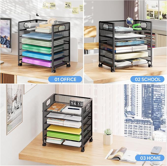 Simple Trending 6-Tier Paper Tray Organizer, File Organizer for Desk, Black | Letter Tray Holder with Handle. Sturdy Metal Frame. Non-slip Feet. Black for Office Home School. 13.35"L x 9.35"W x 15.6"H