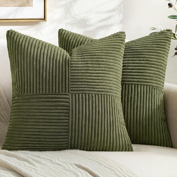 MIULEE Olive Green Decorative Throw Pillow Covers for Couch 20x20 Inch | 2 Pack, Boho Farmhouse Pillow Covers, Soft Cross Corduroy Patchwork Textured Cushion Cases For Bed Sofa
