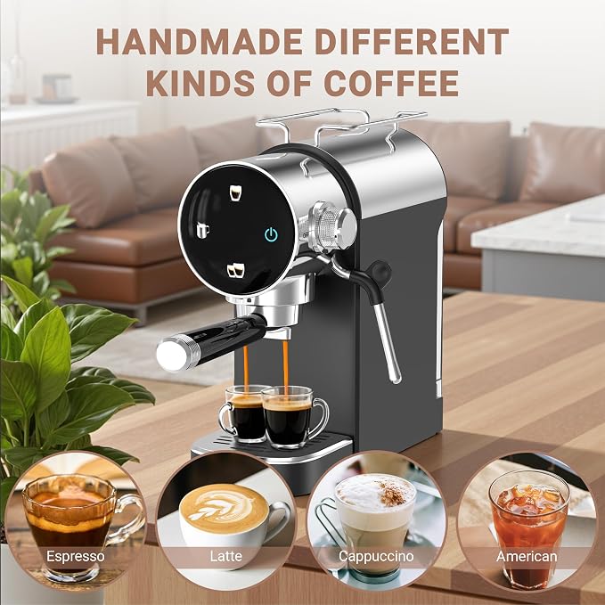 Ollygrin 20 Bar Espresso Coffee Machine, Semi-Automatic Espresso Machine with Touch Panel, 1350W Espresso Maker with Steam Wand, Removable Drip Tray & Water Tank, Modern Design for Latte & Cappuccino