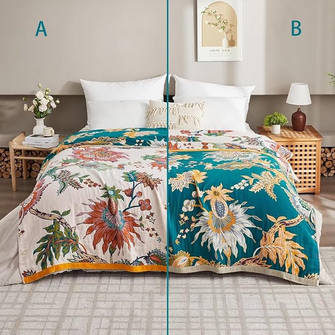 Boho Throw Blanket for Bed 100% Cotton Bohemian Blankets Ultra Soft Woven Muslin Decorative Blankets All Seasons Vintage Quilt Knitted Blanket for Sofa Chair(Beige, 90"x98")
