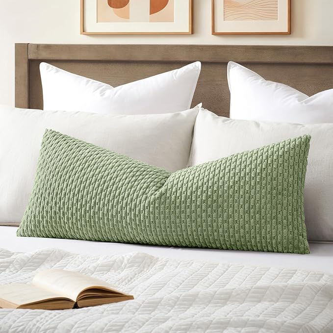 Kevin Textile Soft Corduroy 20"x54" Body Pillow Cover 1 Pack, Sage Green | Boho Stripe Plush Corduroy Decorative Oblong Cushion Cover Modern Farmhouse Home Decor for Sofa Couch Bed Chair