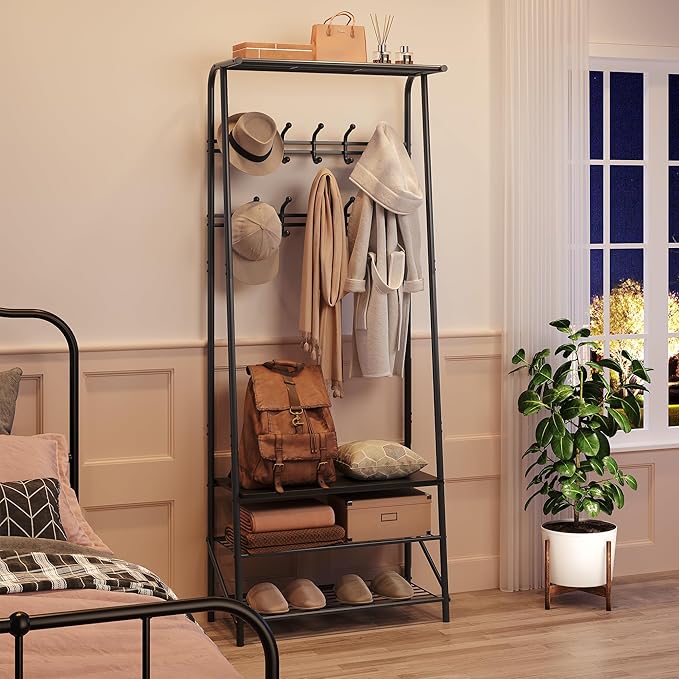 Coat Rack Hall Tree with Shoe Storage Bench, 4-in-1 Entryway Organizer, 10 Hooks & 3-Tier Shoe Rack, Freestanding Metal Frame for Hallway, Front Door