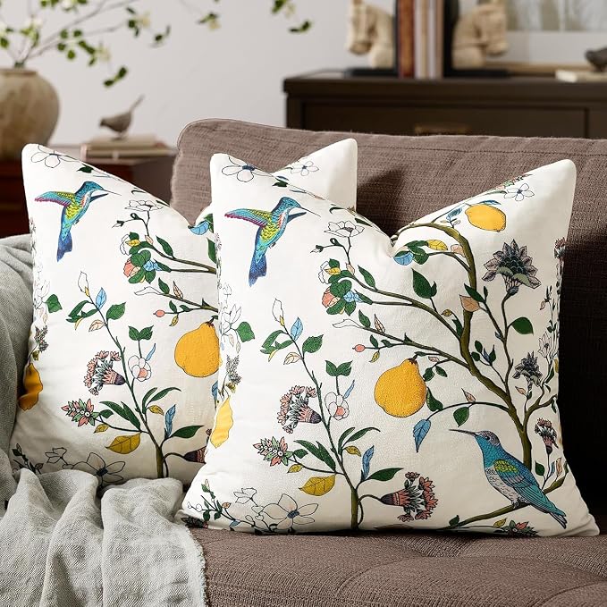 MUSSEL Ivory White Velvet Floral Decorative 20x20 Pillow Covers Set of 2 | Durable Sturdy,Botanical Printed Pattern,Throw Pillows Case,Square,Colorful Mid Century Cushion Covers,Sofa Couch Decor