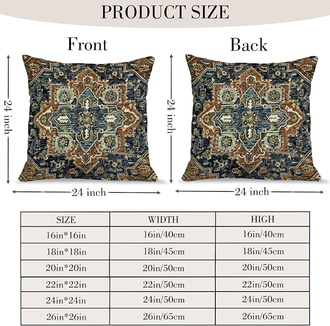 Boho Throw Pillow Covers 24x24 inch Set of 2,Boho Vintage Carpet Pattern Antique Ethnic Decor Double Sided Pattern Cushion Cover Soft Pillow Case Living Sofa Room Bed Square Pillow Cover