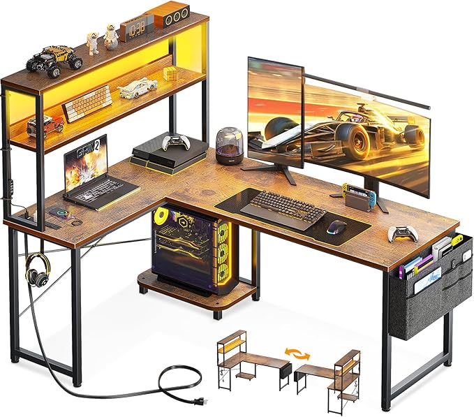AODK L Shaped Desk Gaming Desk with LED Light & Power Outlet | 53 Inch Vintage Reversible L Shaped Computer Table with Shelf & Storage Bag & Hook for Home Office