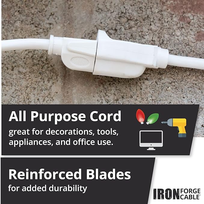 Iron Forge Cable Weatherproof 25 Ft Outdoor Extension Cord - 14/3 SJTW Heavy Duty White Extension Cord 3 Prong - 15 Amp Exterior Power Cable