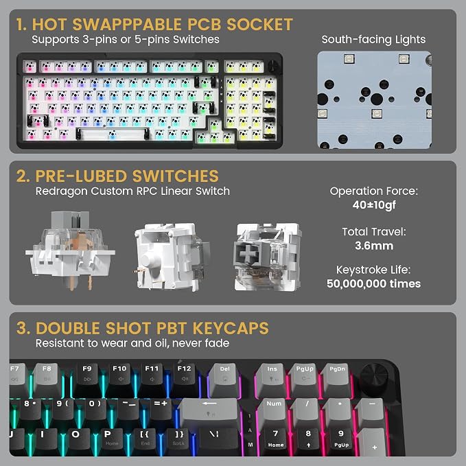 Redragon K742 Wireless Mechanical Gaming Keyboard with Knob for PC Computer | Bluetooth 5.0/2.4GHz/USB C Wireless Creamy Keyboard with Number Pad, RGB Backlits, Hot-Swappable with Linear Switches (Black)