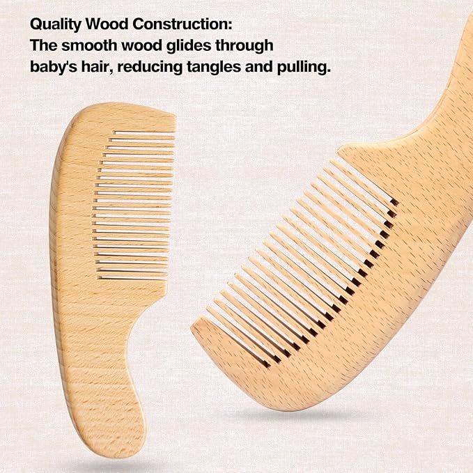 Wooden Baby Brush and Comb Set 3-Piece Beech Wood Flat Comb, Basswood Brushes with Soft Wool Bristles & Bamboo-Air Cushion Comb - Gentle Ideal Baby Gift