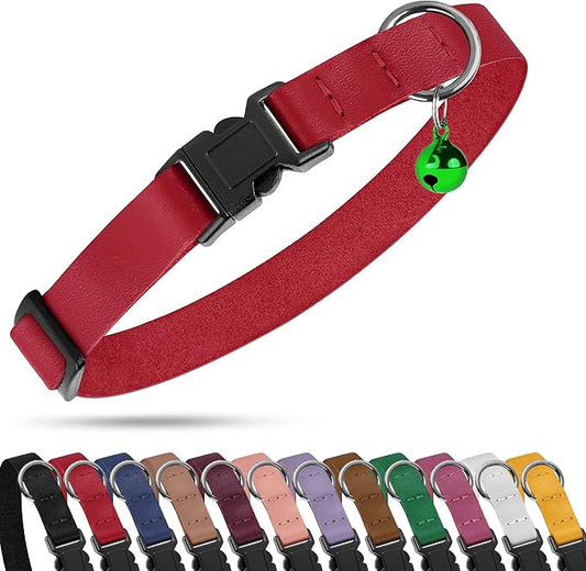 Breakaway Cat Collar with Bell - Leather Adjustable Kitten Collars with Safety Quick Release Buckle - Soft Small Pet Collars for Girl & Boy Cats (Red)
