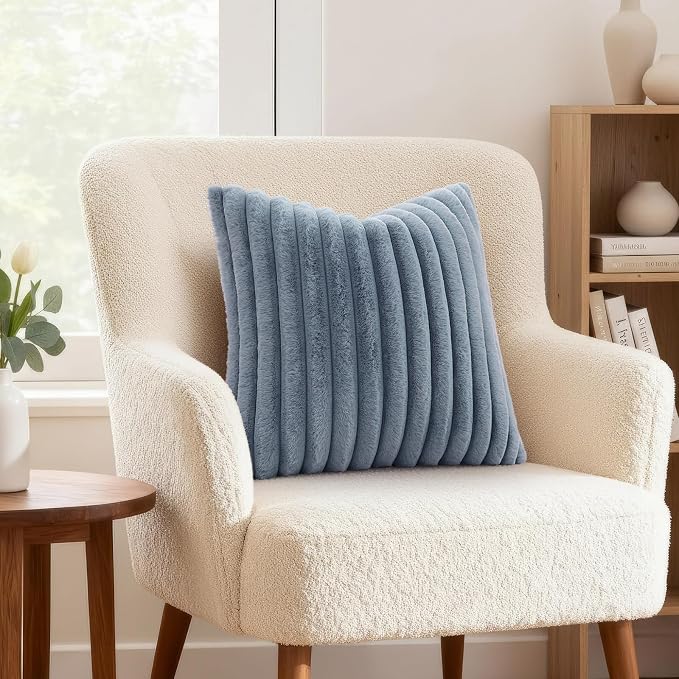 decorUhome Fall Faux Fur Throw Pillow Covers 16x16 Set of 2 Grey Blue | Decorative Soft Cozy Striped Plush Modern Farmhouse Boho Couch Pillow Cases Velvet Back for Sofa Bed Living Room Home Decor