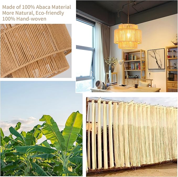 Plug in Pendant Light Hanging Lights with Plug in Cord Hanging Lamp Boho Rattan Dimmable Wicker Bamboo Woven Shade Hemp Rope Ceiling Light Fixture for Living Room Bedroom Kitchen