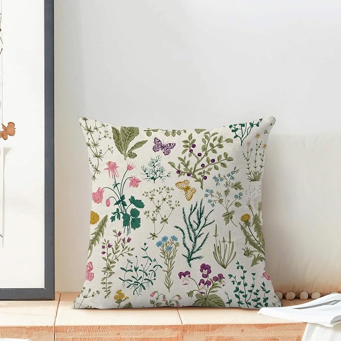 AEIOAE Spring Pillow Covers 16x16 Inch Set of 2,Sage Green Teal Wild Flower Plant Throw Pillows Case,Seasonal Floral Outdoor Decorative Linen Farmhouse Decor Cushion Covers for Home Sofa Bed Couch