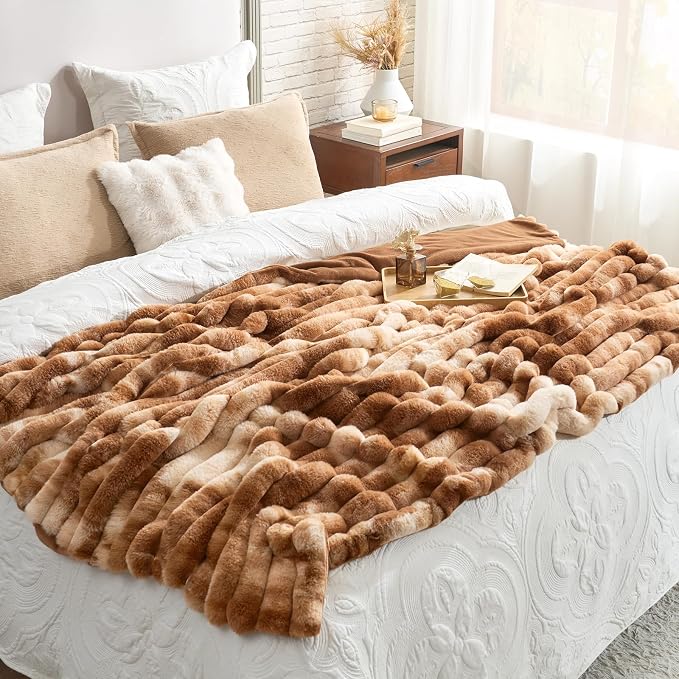 Cozy Bliss Faux Fur Throw Blanket for Couch, Cozy Warm Plush Striped Blanket for Sofa Bedroom Living Room, 108 * 90 Inches Tie-dye Brown