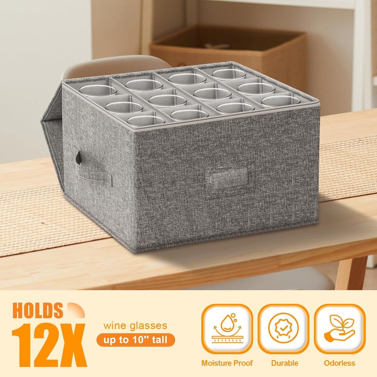Wine Glass Storage Box 2-Pack, Stemware Container Cases, Stackable w/Hard Shell Top Sides Bottom, Moving Supplies, China Storage Containers for 24 Crystal Glasses Drinkware 10'' Tall, Grey