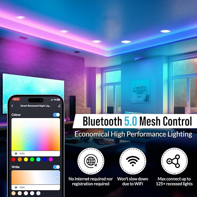 Smart Recessed Lighting: 6 inch 6 Pack WiFi Enabled, Color Changing, RGB Dimmable Ceiling Light with Easy Install Junction Box