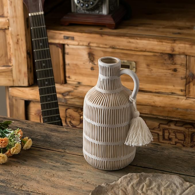 Mowtanco Farmhouse Vase with Handle and Tassel, Grey Yellow Vertical Stripes Design Clay Vase 10'' Tall - Ceramic Flower Vase for Rustic Home Decor, for Fireplace Kitchen Living Room Centerpieces