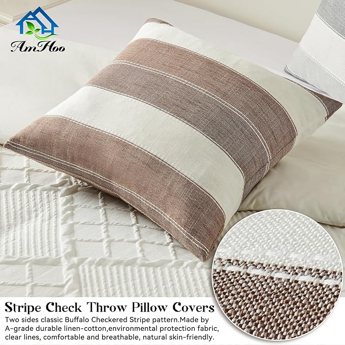Pack of 2 Farmhouse Stripe Check Throw Pillow Covers Set Case Cotton Linen Decorative Pillowcases Cushion Cover for Couch Bench Sofa 16x16Inch Brown