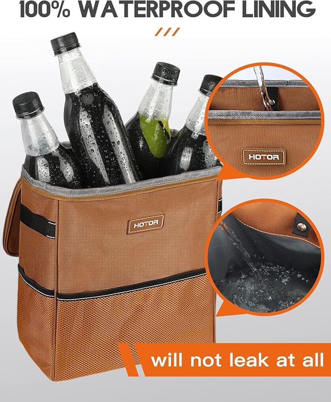 HOTOR 3 Gallons Car Trash Can, Ultra Large Capacity Organizer and Storage with Adjustable Straps & Magnetic Snaps, Waterproof Car Accessory for Interior Car Stuff Storage, Brown