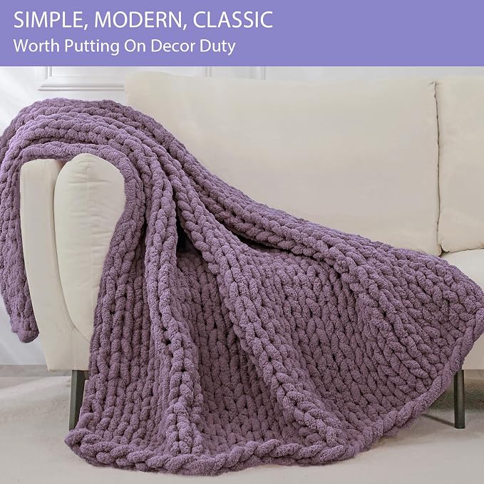 Bigacogo Chunky Knit Throw Blanket for Couch, 40x60 inches, Winter Grape | Hand Knit with Jumbo Chenille, Soft Breathable Cable Knit for Sofa Bed Living Room, Machine Washable, Gift for Mom Friend