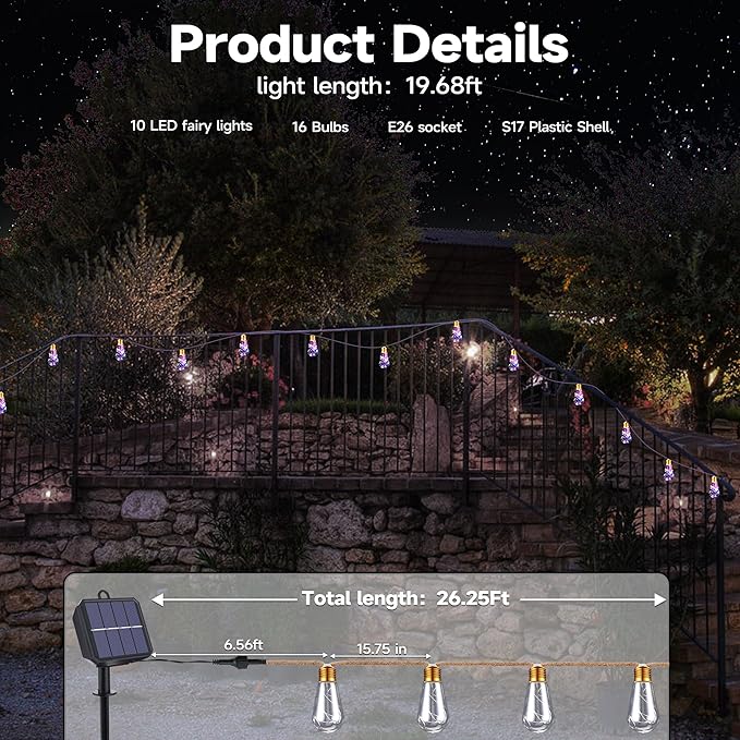 Solar Outdoor String Lights, 20Ft Vintage Rope Hemp Solar Patio Lights, Waterproof Multicolor Solar Powered String Lights With 8 Modes 16 Shatterproof Bulbs for Garden Fence Stairs Balcony Café Bistro