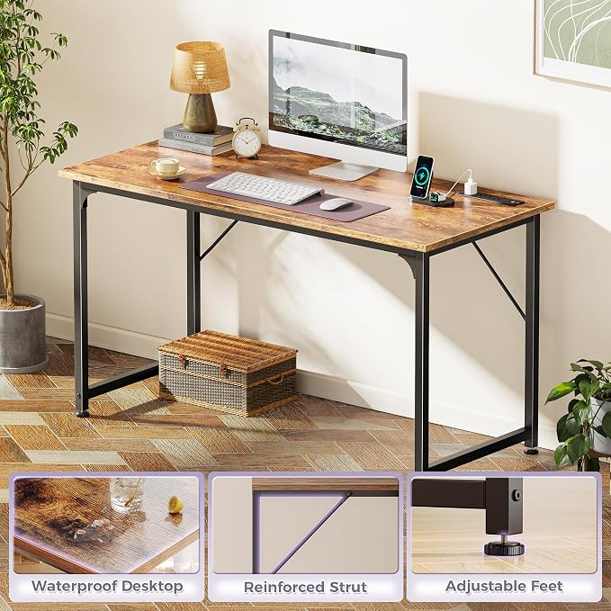 PRAISUN 47 X 20 Inch Computer Desk, Power Outlets, USB-C, Rustic Brown | Office Desk with 4 AC Outlets, USB & USB-C, Sturdy Metal Frame, Spacious Desktop for Work, Writing, Study & Gaming