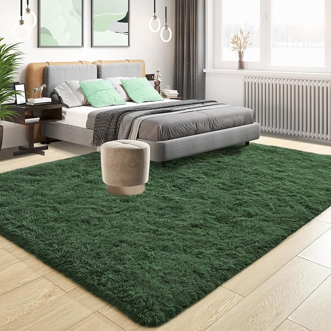 Tepook Fluffy Dark Green Rugs for Living Room Bedroom, 9x12 Soft Area Rug Forest Hunter Green Kids Girls Boys Rug, Indoor Plush Shaggy Non-Slip Carpet for Nursery Classroom Dorm Home Decor