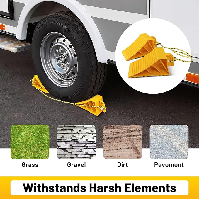 HOXWELL 1 Pair Wheel Chocks with Rope & Handle Design for Travel Trailers, Non Slip Yellow Wheel Chock, Lightweight Wheel Stoppers for Cars Campers Trucks RVs, Easy to Carry