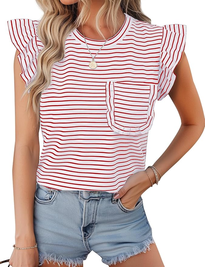 JUSTFASHIONNOW Womens Summer Tops Striped T-Shirts 2026 Ruffle Short Sleeve Crew Neck Casual Blouses with Pocket
