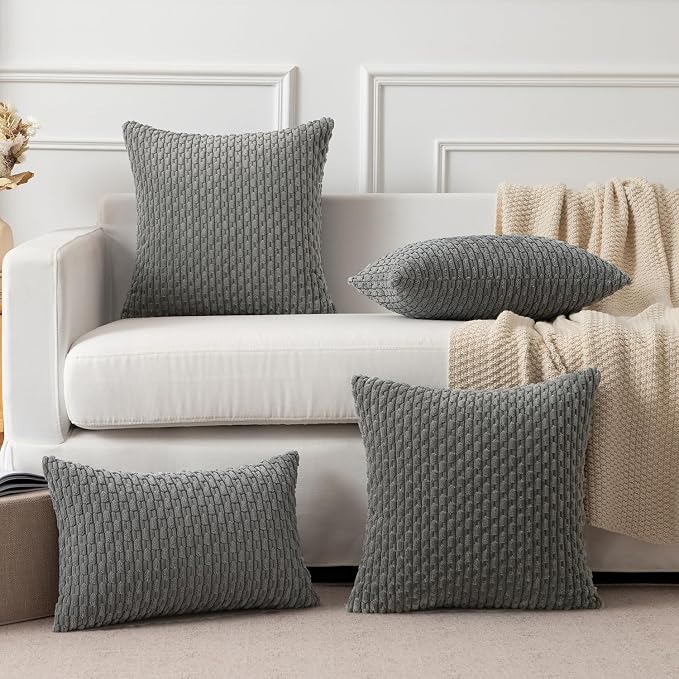 Kevin Textile Soft Corduroy 14"x20" Lumbar Pillow Cover 1 Pack, Dark Grey | Boho Stripe Plush Corduroy Decorative Oblong Cushion Cover Modern Farmhouse Home Decor for Sofa Couch Bed Chair