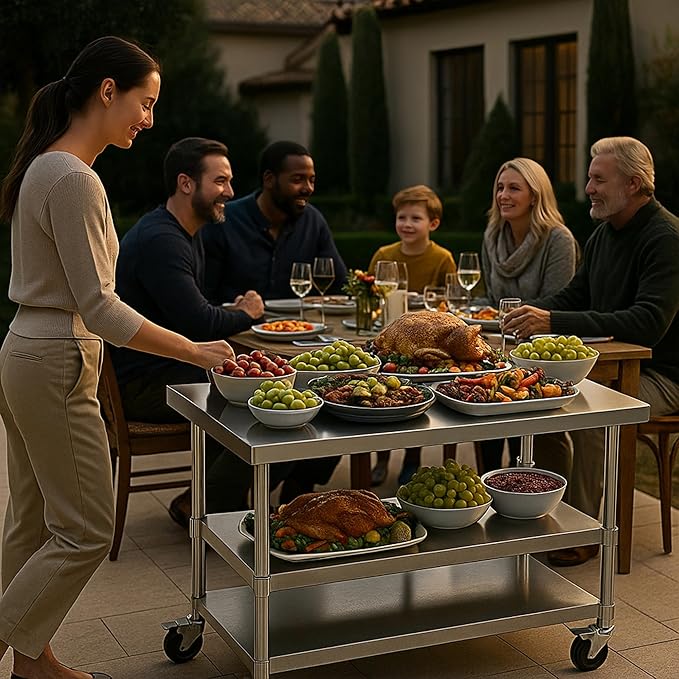 Stainless Steel Table with Wheels for Food Preparation and Work, Multi-Size Optional, Three-Layer Variable Two-Layer Metal Commercial Workbench Outdoor, Restaurant, Kitchen (60" Lx32 Wx34 H)
