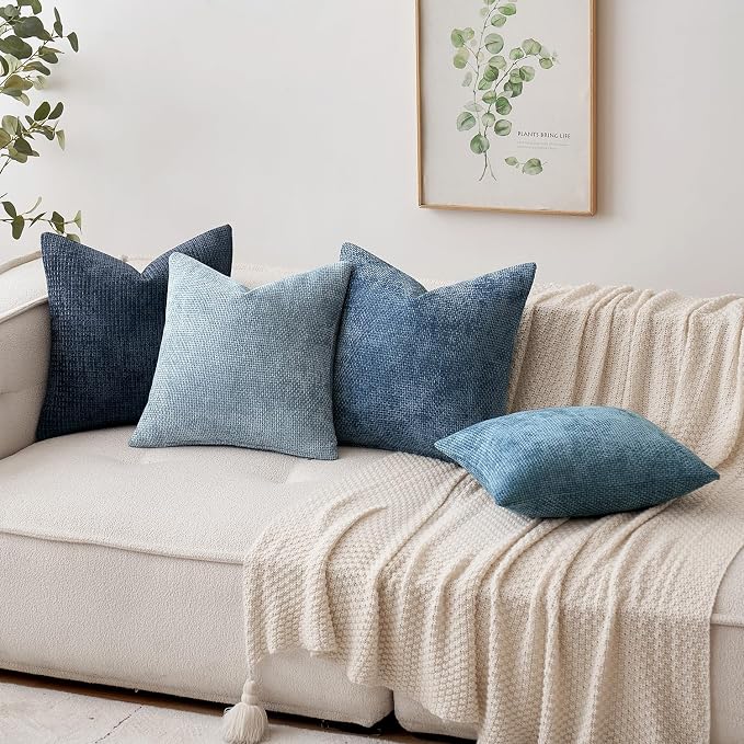 MIULEE Decorative Lumbar Throw Pillow Covers 12x20 Inch Coastal Blue 2 Pack | Modern Boho Accent, Soft Chenille Pillow Covers, Farmhouse Cushion Cases for Couch Bed Sofa Living Room Home Decor