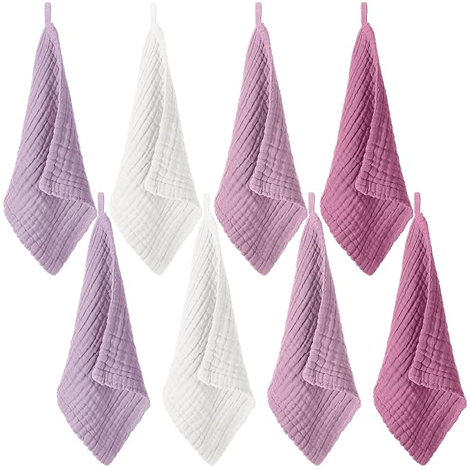 8 Pcs Baby Washcloths for Newborn 12 x 12 Inch Muslin Face Towels Cotton Absorbent for Delicate Skin Soft Muslin Cloth Reusable Baby Registry as Shower Gift, 4 Colors(Purple Color)