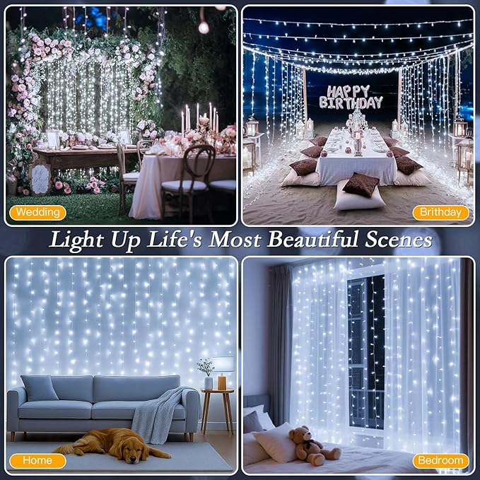 300 LED Curtain String Lights 9.8FT Plug in Fairy Lights with Timer and 8 Modes, Waterproof Window Wall Lights for Bedroom Wedding Party Indoor Outdoor Christmas Decor