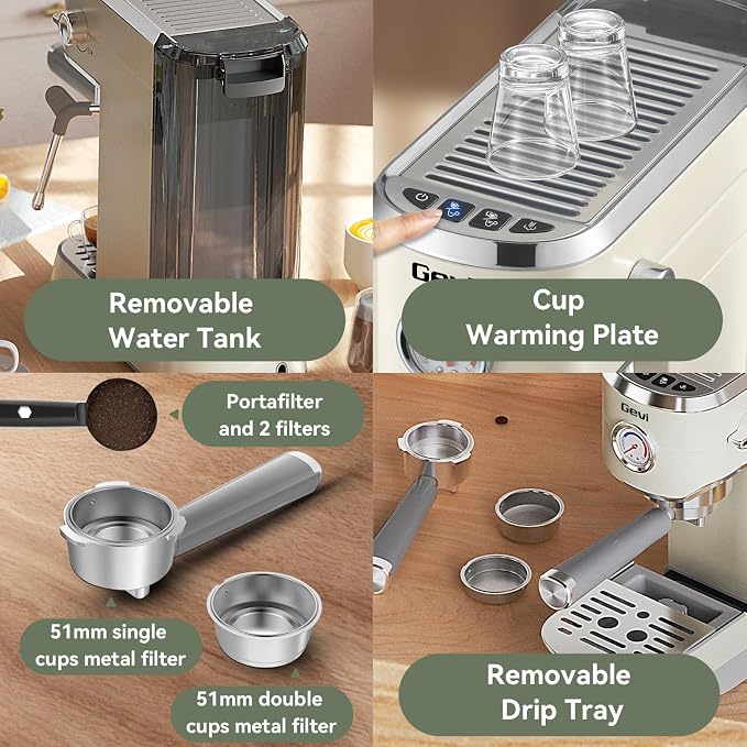 Gevi 20Bar Espresso Machine,Compact Coffee Maker with Adjustable Steam Wand | Removable Water Tank; Include Necessary Accessories; Can Make Americanos、Latte; Easy to Clean and Maintain;