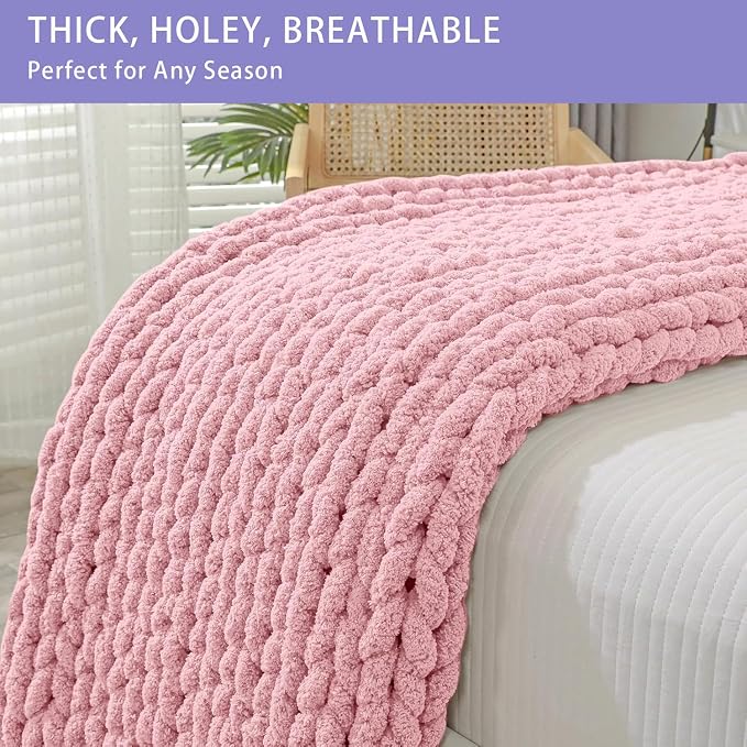 Bigacogo Chunky Knit Throw Blanket for Couch, 40x80 inches, Blush Pink | Hand Knit with Jumbo Chenille, Soft Breathable Cable Knit for Sofa Bed Living Room, Machine Washable, Gift for Mom Friend